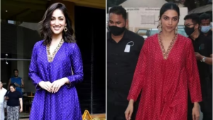 Yami Gautam and Deepika Padukone wear the same silk Bandhej suit set. (Instagram)